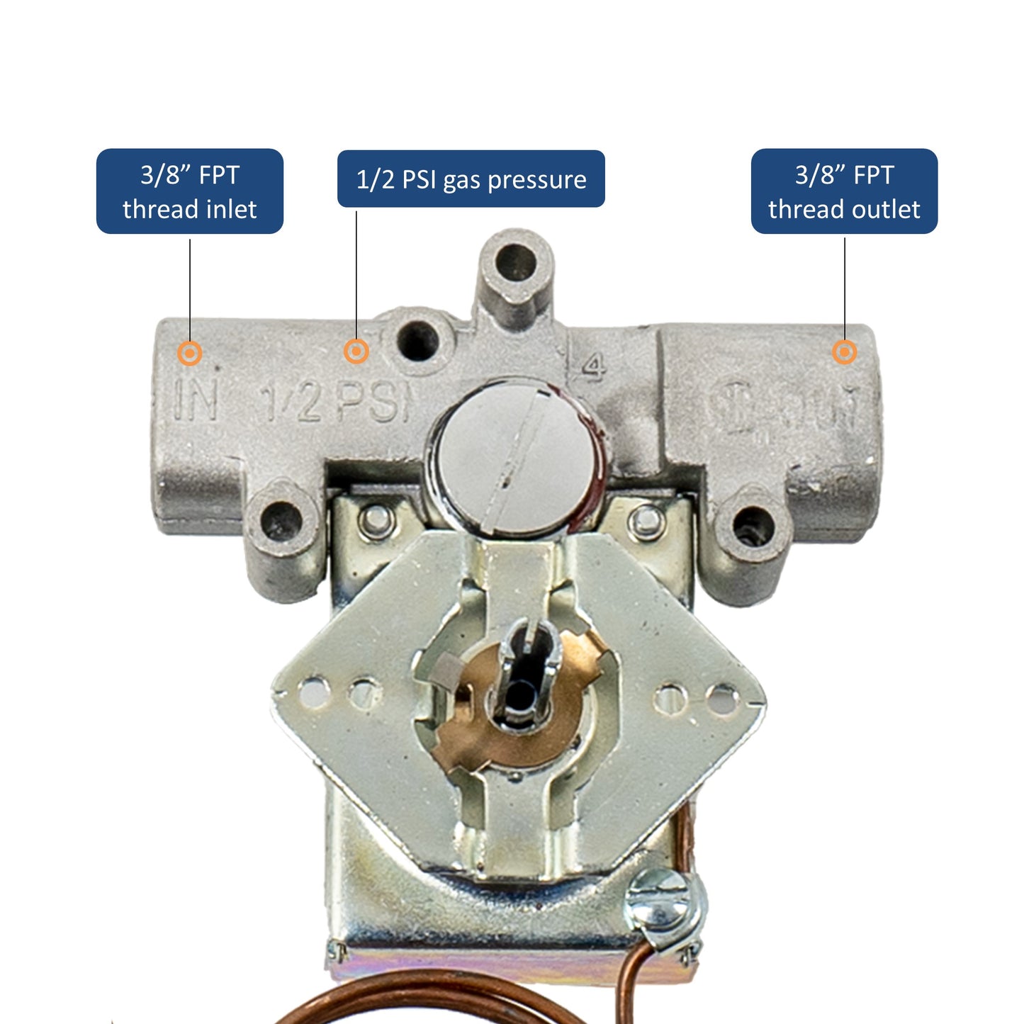3/8"FPT thread inlet and outlet, 1/2 PSI gas pressure