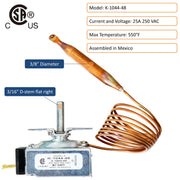 Current and voltage 25A 250 VAC, max temperature 550°F, and assembled in Mexico