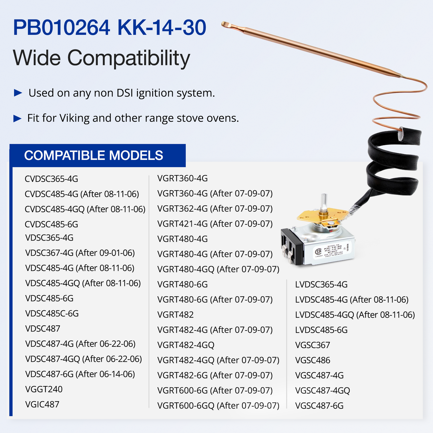 Compatibility chart for stove oven igniter with model details, use on any non DSI ignition system and fit for Viking and other range stove ovens