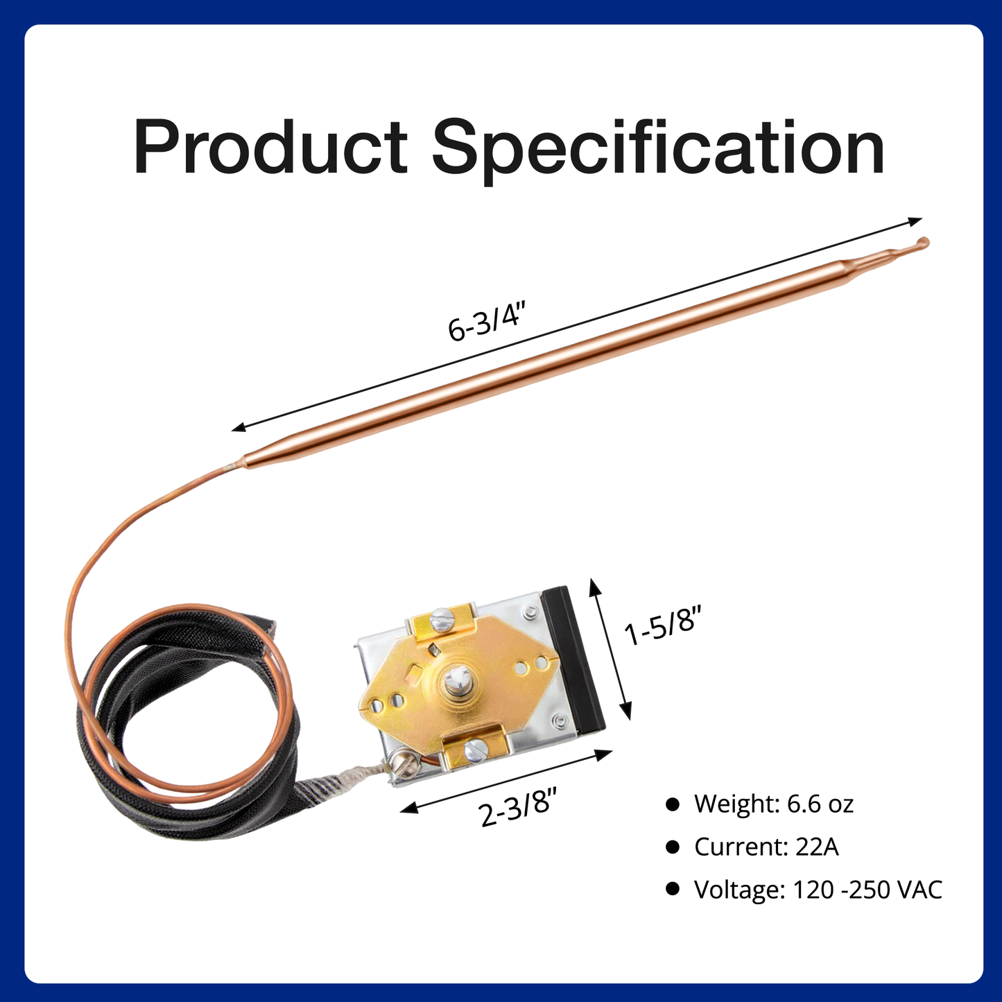 Product specification diagram of a heating element with dimensions 