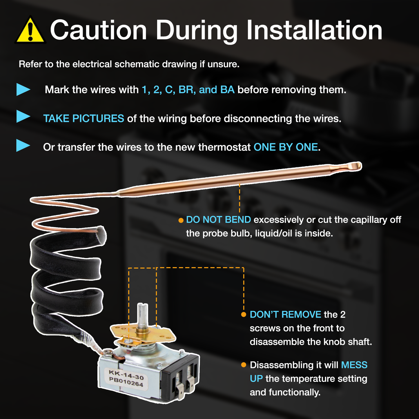 Technical diagram of a thermostat with installation instructions 