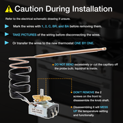 Technical diagram of a thermostat with installation instructions 