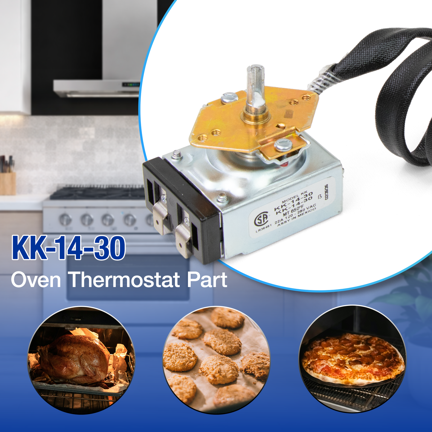 Oven thermostat part with kitchen and food