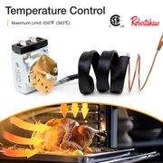 Temperature control component with belts and a roasted turkey, featuring Robertshaw branding, maximum limit 650°F