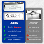 Comparison of Robertshaw appliance controls with other brands, our assembly in Mexico, CSA approved, longer bulb sensor