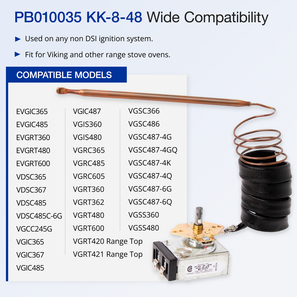 Product compatibility chart for stove oven ignition system components with a list of compatible models, used on any non DSI ignition system, fit for Viking and other range stove ovens