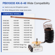 Product compatibility chart for stove oven ignition system components with a list of compatible models, used on any non DSI ignition system, fit for Viking and other range stove ovens