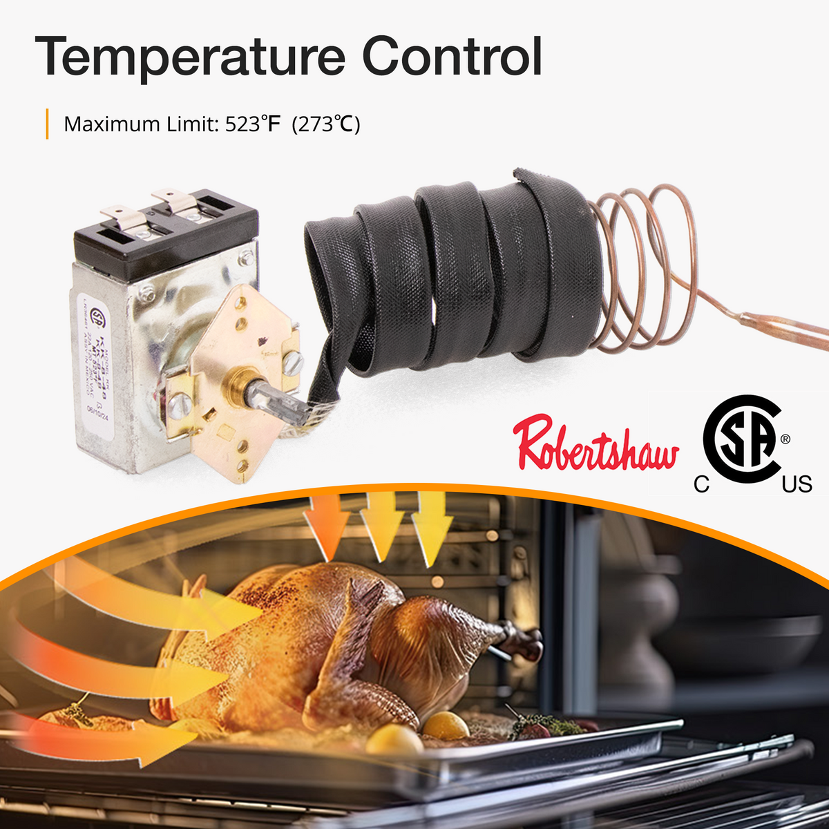 Temperature control component with a roasted chicken in an oven, featuring Robertshaw and SFA logos. Maximum limit: 523°F
