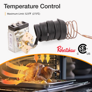 Temperature control component with a roasted chicken in an oven, featuring Robertshaw and SFA logos. Maximum limit: 523°F