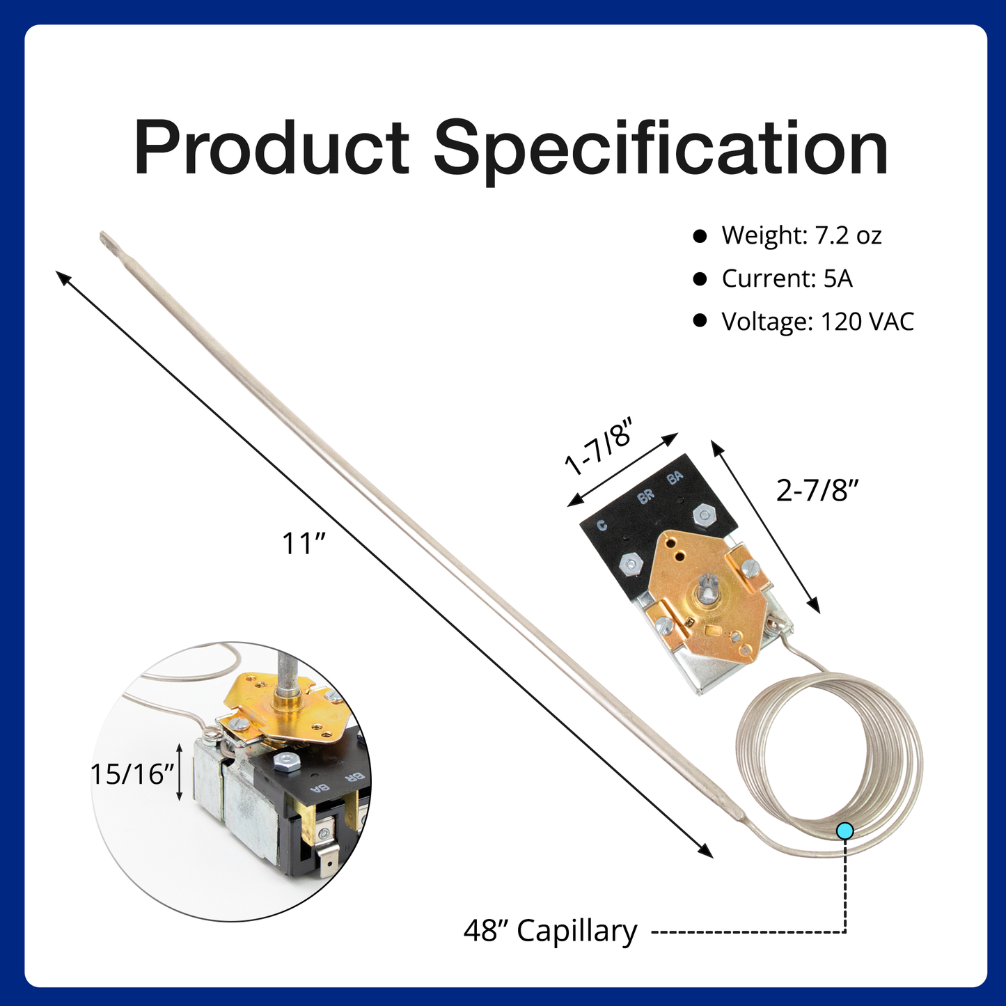 Product specification chart with a thermistor and capillary tube, showing dimensions and technical details.