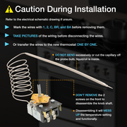 Technical diagram of a thermostat with installation instructions 
