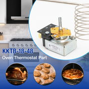 Oven thermostat part with kitchen background and food images