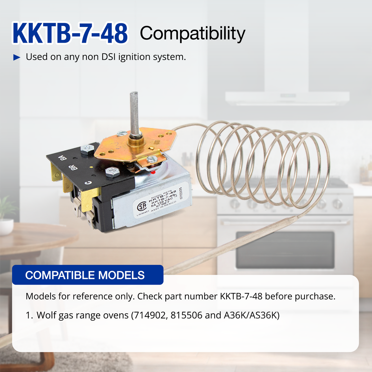 Mechanical component with text on compatibility and models, set against a kitchen background.