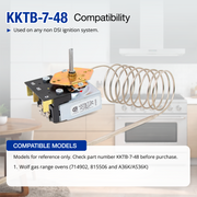 Mechanical component with text on compatibility and models, set against a kitchen background.