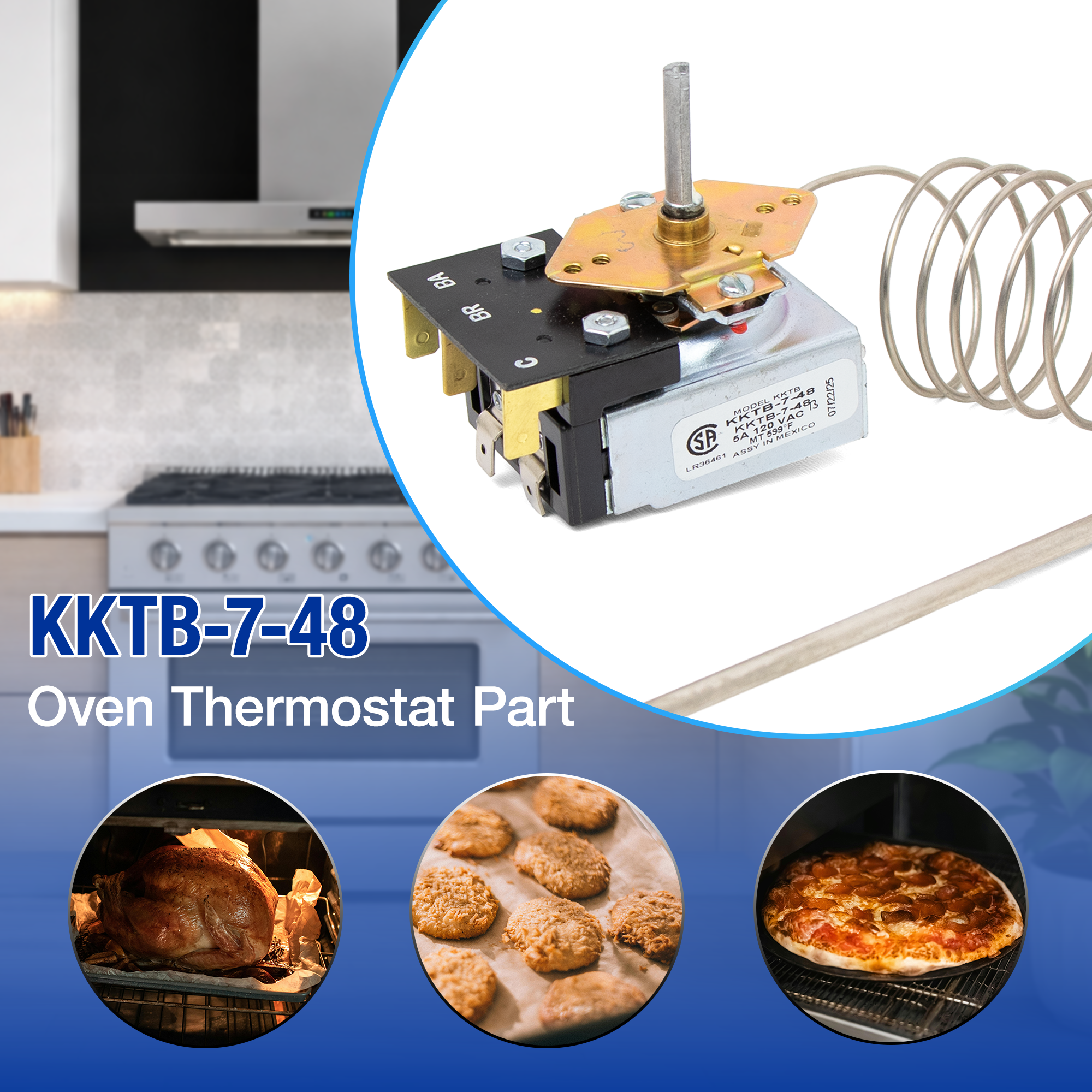 KKTB-7-48 Oven thermostat part with kitchen background and food images