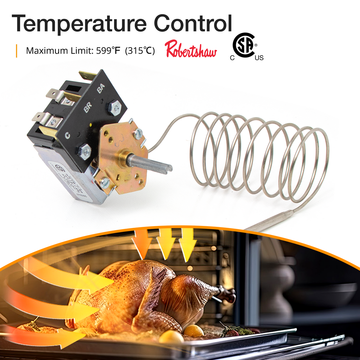 Temperature control component with a roasted turkey in an oven, featuring Robertshaw branding.
