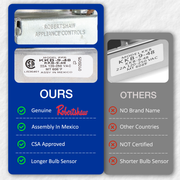 Comparison of Robertshaw, assembly in Mexico, CSA approved, longer bulb sensor vs. others no brand name, not certified, shorter bulb sensor