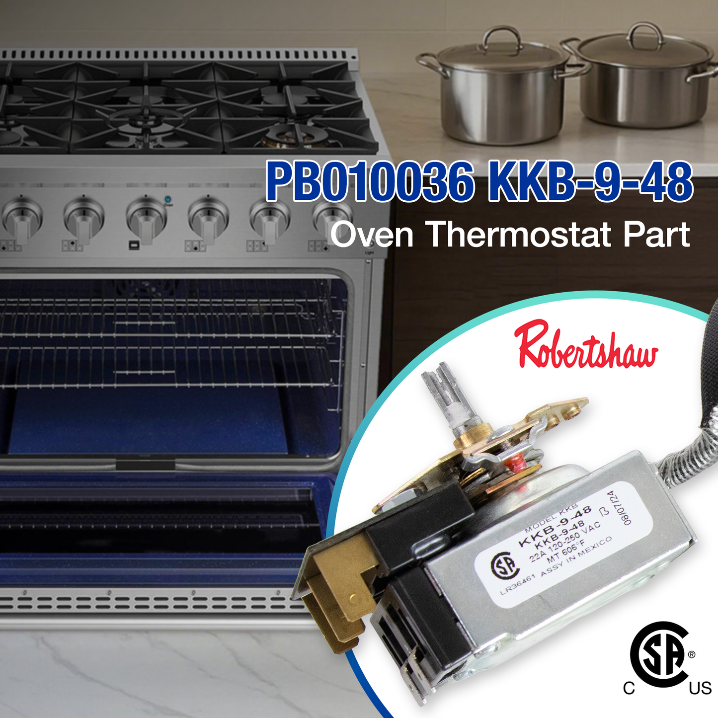 Oven with pots, Robertshaw oven thermostat part, and certification logos 