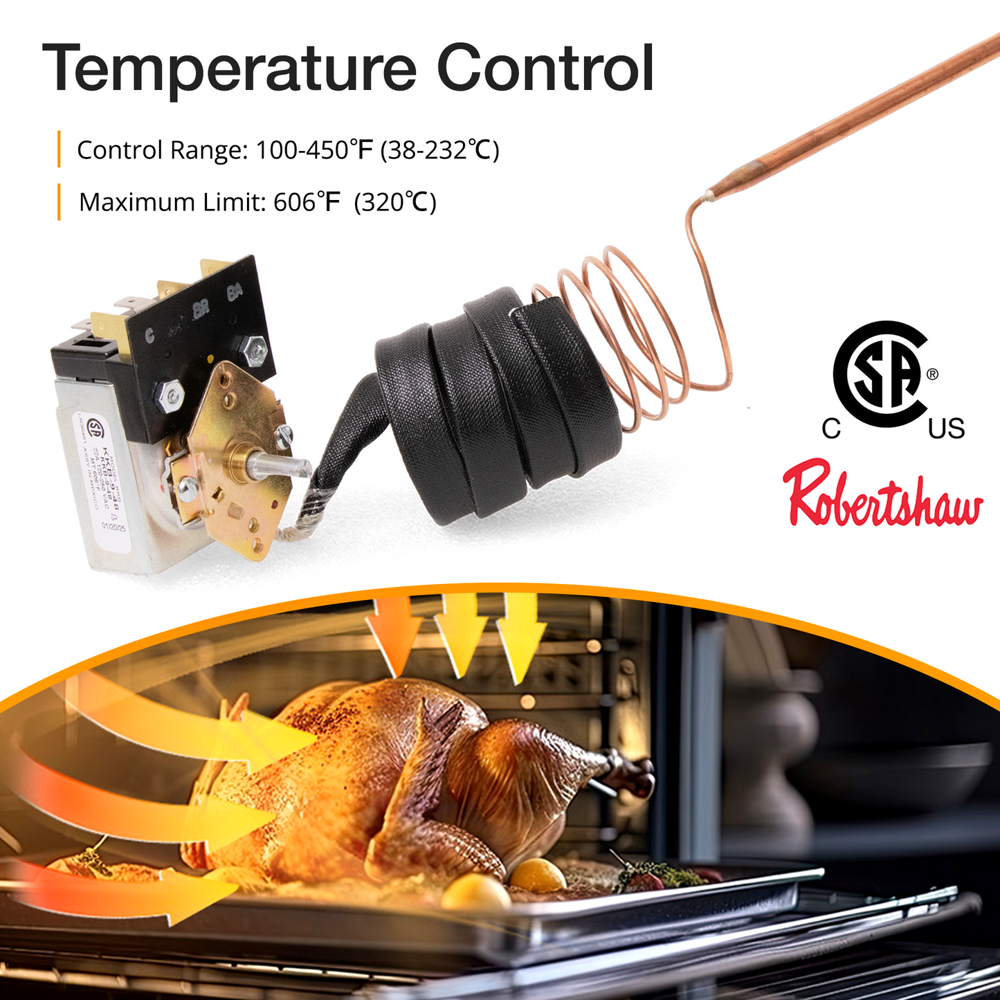 Temperature control mechanism with a roasted turkey inside an oven, featuring Robertshaw branding. Maximum limit: 606°F