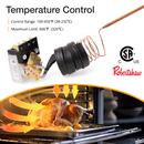 Temperature control mechanism with a roasted turkey inside an oven, featuring Robertshaw branding. Maximum limit: 606°F