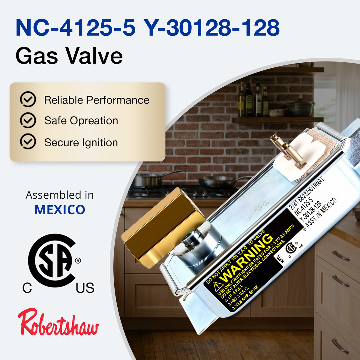 Gas valve with certification logos and product details on a kitchen background