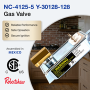 Gas valve with certification logos and product details on a kitchen background