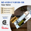 Gas valve with certification logos and product details on a kitchen background