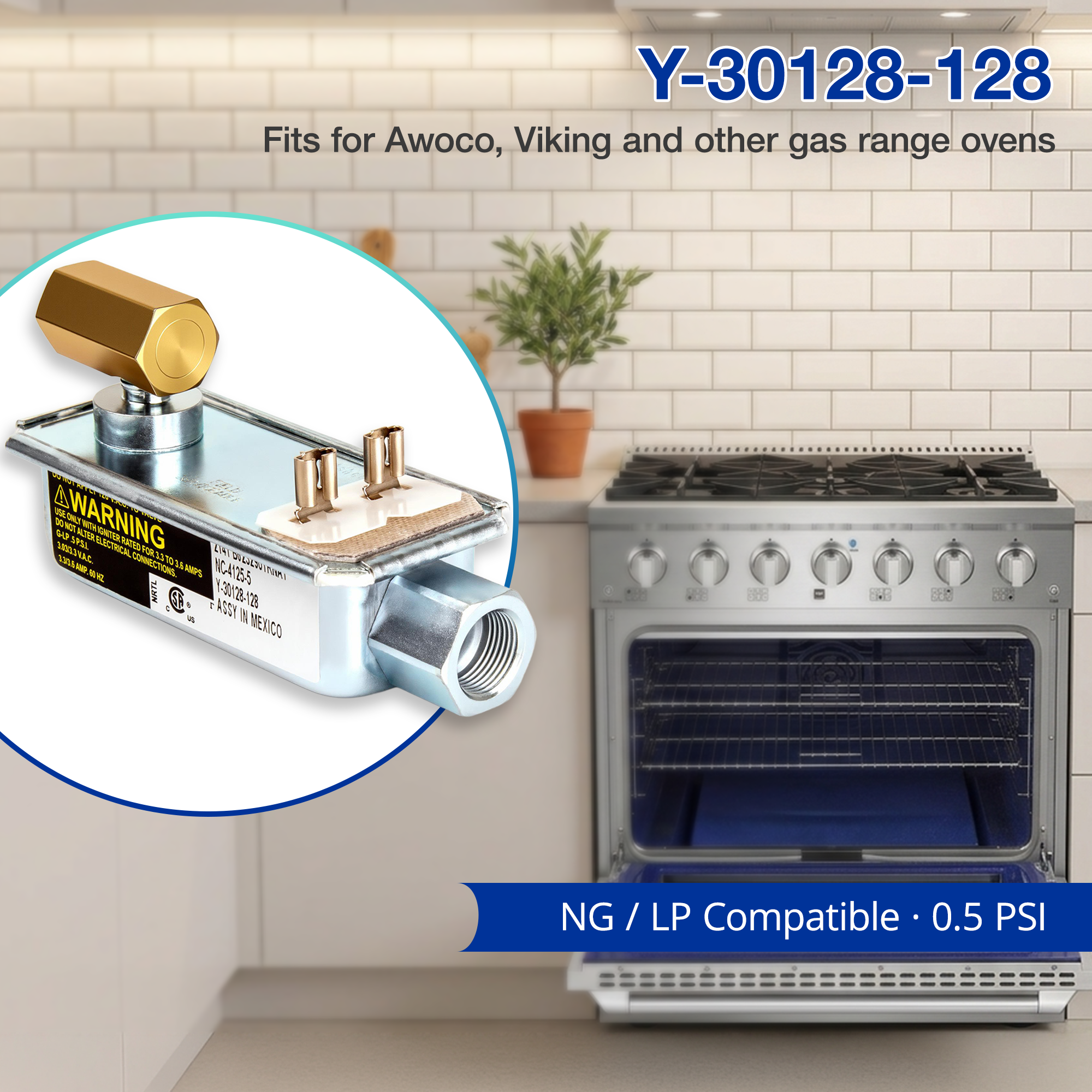 Gas range oven with a close-up of a gas valve component on a kitchen background.