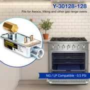 Gas range oven with a close-up of a gas valve component on a kitchen background.