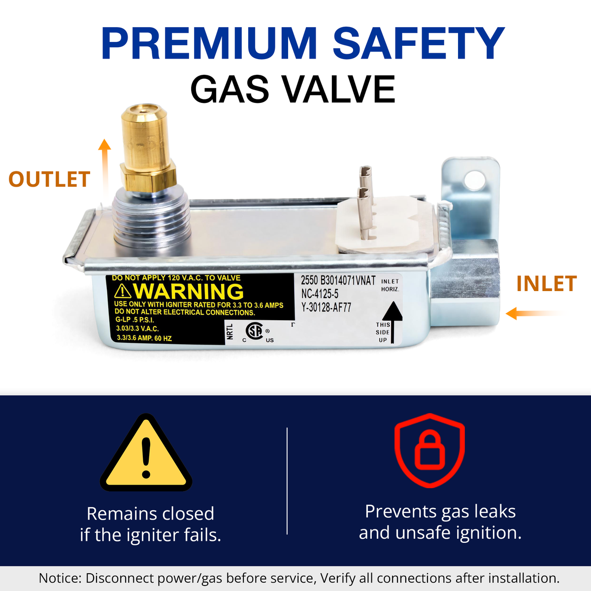Premium safety gas valve with labeled parts and safety features 