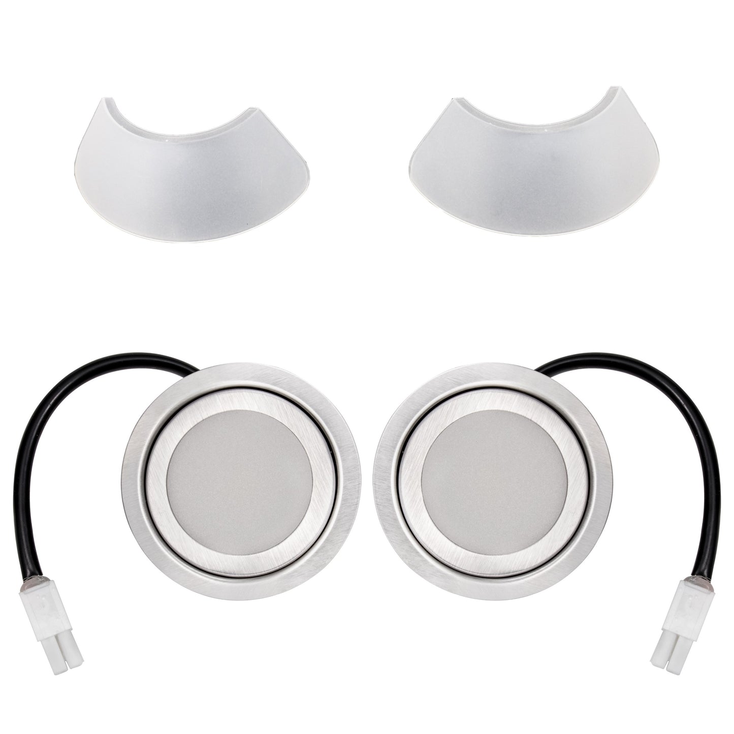 Two LED lights with flat edges and black cables for range hoods. Two lamp covers help protect eyes.
