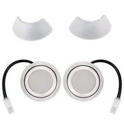 Two LED lights with flat edges and black cables for range hoods. Two lamp covers help protect eyes.