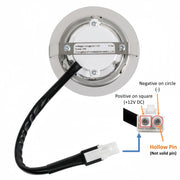Positive on square (+12V DC) and negative on circle (-)