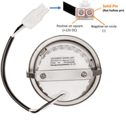 Positive on square (+12V DC) and Negative on circle (-), solid pin