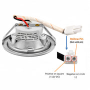 Positive on square(+12V DC) and negative on circle(-), hollow pin