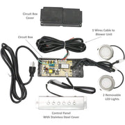 A 4-speed control unit for an inline blower unit, featuring a stainless steel control panel with blue-lighted soft touch electronic buttons and two LED lights, along with various components such as a circuit box, wires, and a package cover.