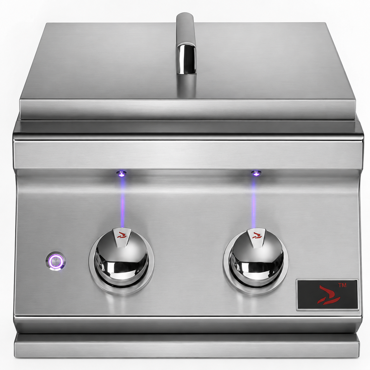 A stainless steel dual-burner outdoor grill with two chrome control knobs, LED indicator lights, and a small red brand logo plate on the lower right.