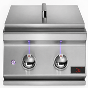A stainless steel dual-burner outdoor grill with two chrome control knobs, LED indicator lights, and a small red brand logo plate on the lower right.