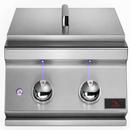A stainless steel dual-burner outdoor grill with two chrome control knobs, LED indicator lights, and a small red brand logo plate on the lower right.