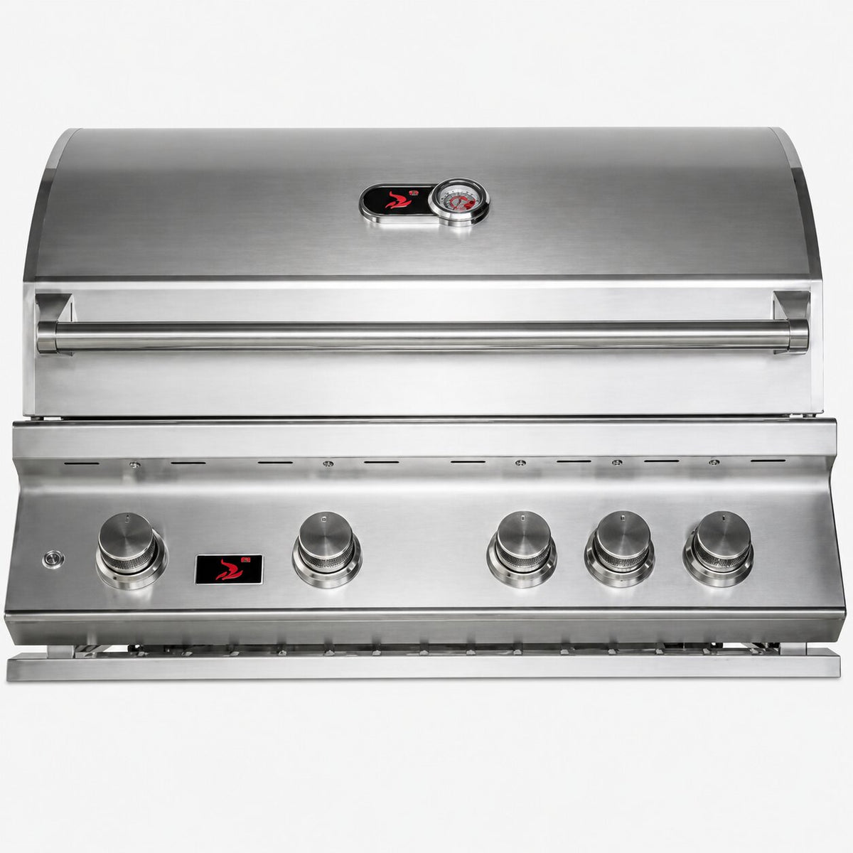 A stainless steel outdoor gas grill with a closed lid, featuring a digital temperature display and a row of five control knobs on the front control panel.