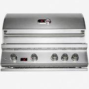 A stainless steel outdoor gas grill with a closed lid, featuring a digital temperature display and a row of five control knobs on the front control panel.