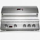A stainless steel outdoor gas grill with a closed lid, featuring a digital temperature display and a row of five control knobs on the front control panel.