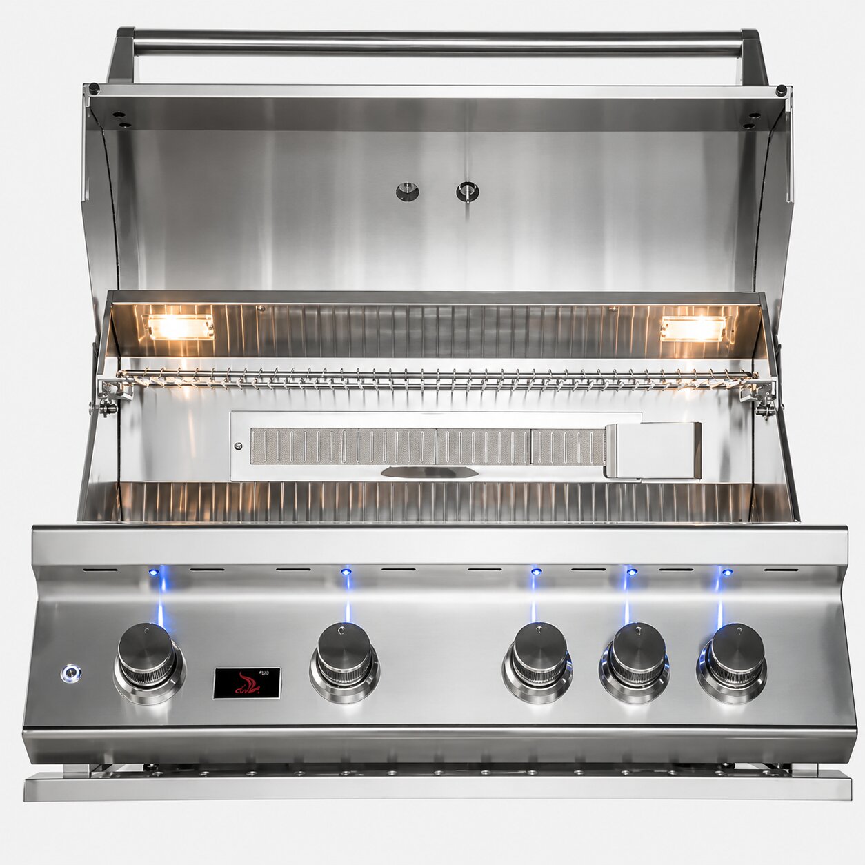 A stainless steel gas grill with the lid open, showing four control knobs, blue flame indicators, and interior grates on a white background.