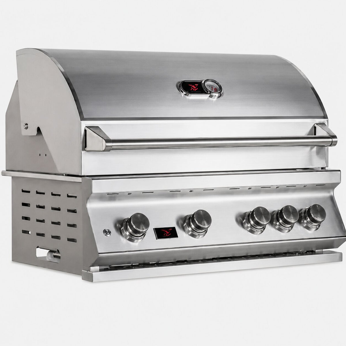 A stainless steel outdoor gas grill with a curved lid, a front control panel with six knobs, and a side vented panel, shown on a plain white background.
