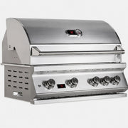 A stainless steel outdoor gas grill with a curved lid, a front control panel with six knobs, and a side vented panel, shown on a plain white background.
