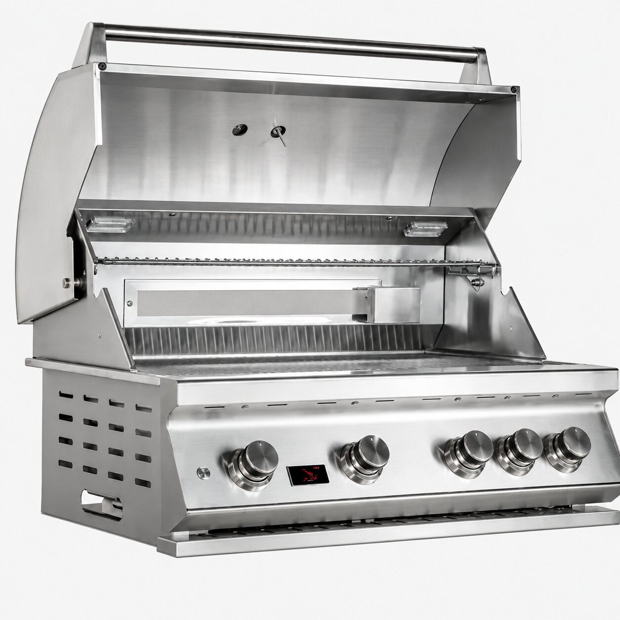 A stainless steel outdoor gas grill with its lid open, featuring a control panel with six knobs and a digital display on the front.