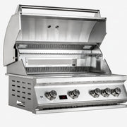 A stainless steel outdoor gas grill with its lid open, featuring a control panel with six knobs and a digital display on the front.
