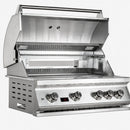 A stainless steel outdoor gas grill with its lid open, featuring a control panel with six knobs and a digital display on the front.