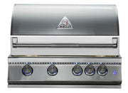 A Whistler outdoor gas grill in stainless steel, featuring a curved lid with the brand logo, a long horizontal handle, and five control knobs on the front panel with blue flame indicators.