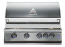 A Whistler outdoor gas grill in stainless steel, featuring a curved lid with the brand logo, a long horizontal handle, and five control knobs on the front panel with blue flame indicators.